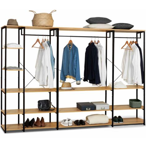 Idmarket – Dressing modulable XXL 250 cm – Structure métal noir – 3 penderies et 4 étagères – Pour rangement vêtements et chaussures