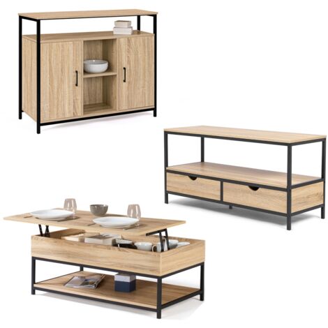 Idmarket – Ensemble de meubles de salon buffet et meuble TV – Table basse relevable en bois et métal – Style industriel – Rangement optimisé