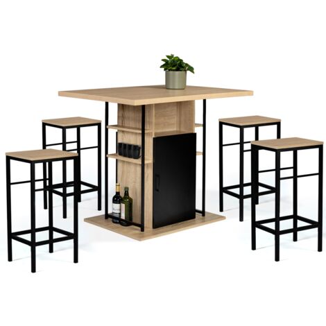 Idmarket – Îlot central 110 cm bois noir et hêtre – 4 tabourets métal noir – Rangement optimisé avec étagères et placard – Design industriel