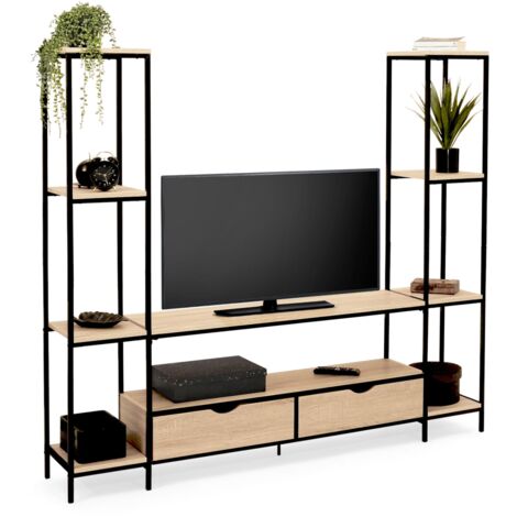 Idmarket – Meuble TV design industriel 164 cm – Panneaux de particules et métal – Dimensions 108x30x55 cm – Étagères latérales pour déco
