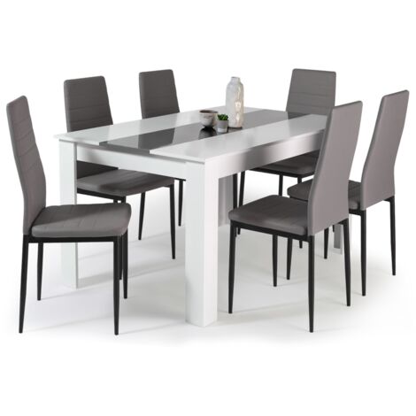 Idmarket – Ensemble table à manger 140 cm blanche et grise – 6 chaises ROMANE grises – Finition laquée – Design épuré et moderne