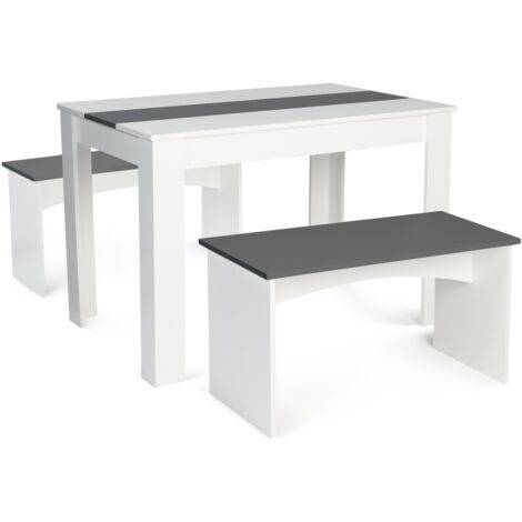 Idmarket – Ensemble table à manger et 2 bancs pour 4 personnes – Longueur 110 cm – Finition blanche et grise – Design moderne pour espaces restreints