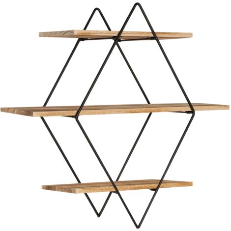 Idmarket – Étagère murale losange 3 niveaux – Bois naturel et métal noir – Dimensions 50x50x19cm – Fixation murale incluse