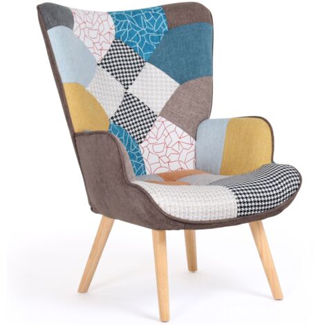 Idmarket – Fauteuil relax scandinave en tissu patchwork multicouleurs – Dimensions 71x75x94.5 cm – Assise moelleuse et dossier haut