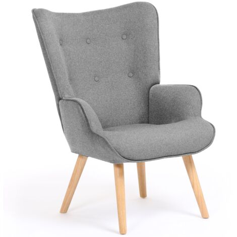 Idmarket – Fauteuil relax capitonné gris clair – Structure bois avec pieds inclinés – Assise rembourrée 45x50cm – Hauteur dossier 60cm – Montage simple