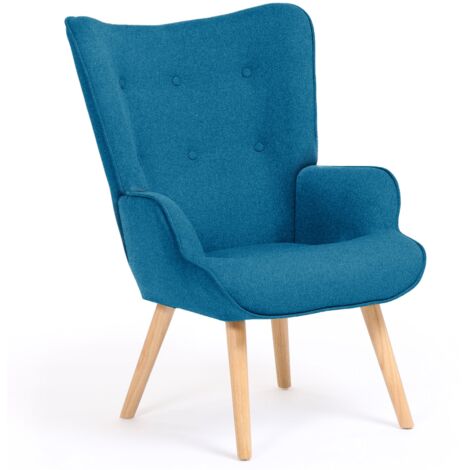 Idmarket – Fauteuil relax scandinave en tissu bleu canard – Haut dossier capitonné – Pieds en bois blond – Dimensions 71x75x94,5 cm