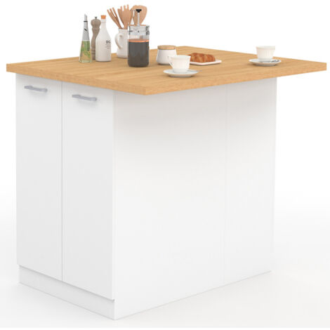 Idmarket – Îlot central 100 cm blanc – Plan de travail façon hêtre – Dimensions 100x80x90 cm – Rangement avec 2 portes et étagère intermédiaire