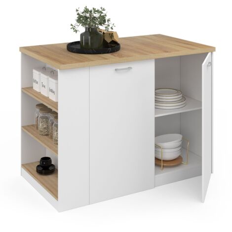 Idmarket – Ilot central 120 cm bois blanc – Plan de travail façon hêtre – Dimensions 120x70x90 cm – Étagères latérales pour rangement