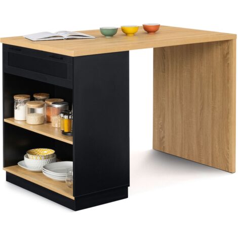 Idmarket – Îlot central mange-debout 4 personnes 130 cm – Plateau bois noir – Rangement intégré avec tiroir et étagères – Design moderne pour cuisine