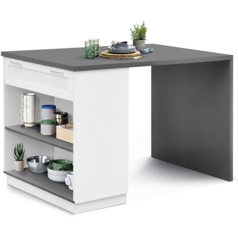 Idmarket – Îlot central mange-debout 4 personnes – Dimensions 130x80x90,5 cm – Plateau en bois blanc et gris – À monter soi-même