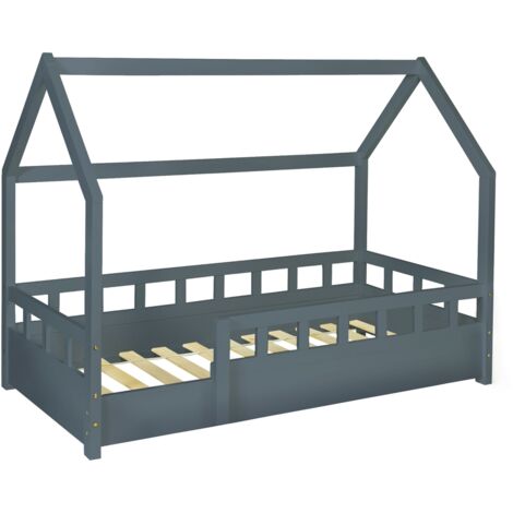 Idmarket – Lit cabane enfant 80 x 160 cm – Structure en pin et MDF – Sommier 12 lattes contreplaqué – Barrières de sécurité gris