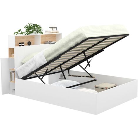 Idmarket – Lit coffre double 140 x 190 cm avec tête de lit et rangements – Structure en panneaux de particules – Coloris blanc et bois – Sommier 26 lattes