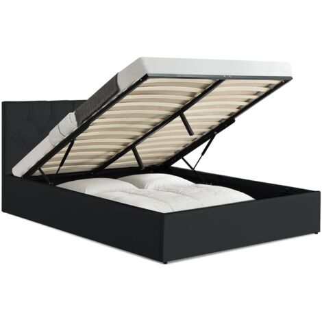 Idmarket – Lit coffre double 160 x 200 cm – Tête de lit capitonnée – Structure MDF – Revêtement PVC noir – Grand coffre de rangement intégré