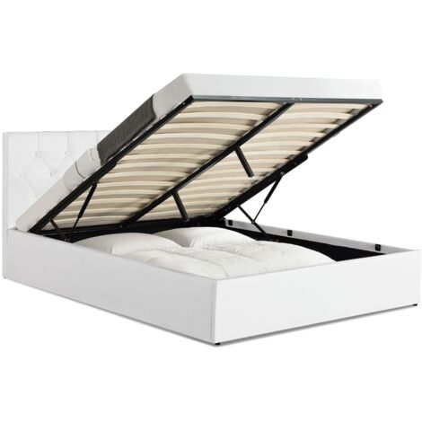 Idmarket – Lit coffre double 140 x 190 cm – Tête de lit capitonnée – Coffre de rangement pratique – PVC blanc – Dimensions hors tout 201 x 151 x 89 cm