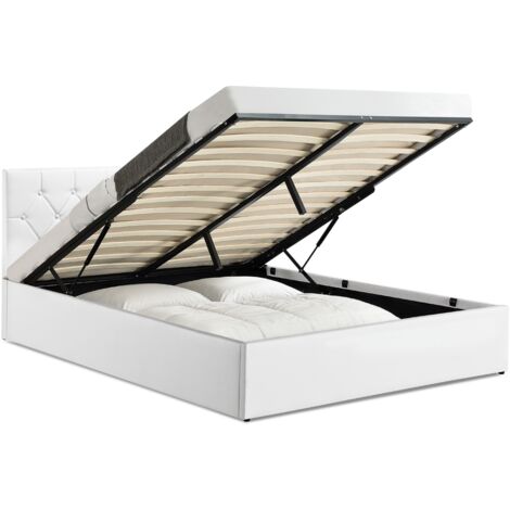 Idmarket – Lit coffre double AUSTIN 160 x 200 cm – Tête de lit capitonnée – Coffre de rangement spacieux – PVC blanc moderne