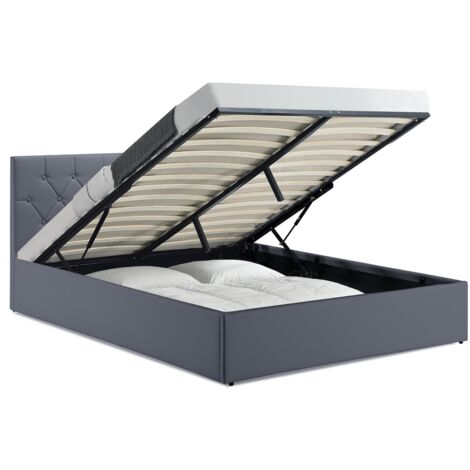 Idmarket – Lit coffre double 160 x 200 cm – Tête de lit capitonnée – PVC gris – Grand coffre de rangement – Sommier à lattes en bois