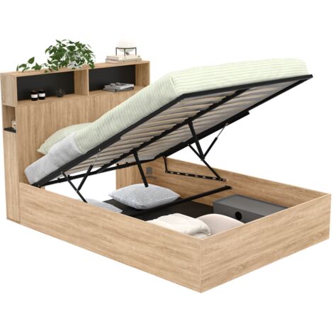 Idmarket – Lit coffre double 140 x 190 cm – Tête de lit avec rangements – Structure en panneaux de particules – Coloris hêtre et noir