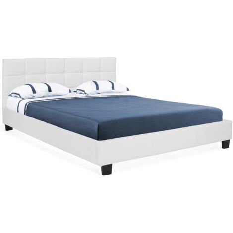 Idmarket – Lit double CHARLOTTE 140 x 190 cm – Tête de lit capitonnée – Structure en MDF – Revêtement PVC blanc – Sommier 24 lattes renforcées