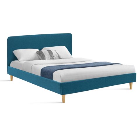 Idmarket – Lit double scandinave 160 x 200 cm – Tête de lit arrondie – Sommier à 24 lattes en bois – Tissu bleu canard pour ambiance cocooning