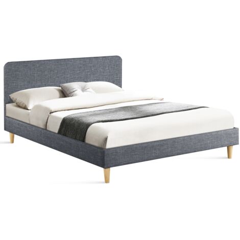 Idmarket – Lit double scandinave 160 x 200 cm – Tête de lit tissu polyester gris anthracite – Sommier à 24 lattes – Structure renforcée