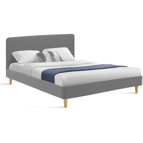 Idmarket – Lit double scandinave 160x200 cm – Tête de lit en tissu polyester gris clair – Sommier à 24 lattes en bois – Design minimaliste moderne
