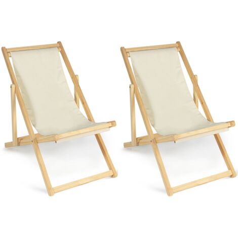 Idmarket – Lot de 2 chaises longues pliantes chilienne en pin – Toile polyester 300g/m² – 3 positions réglables – Design moderne écru