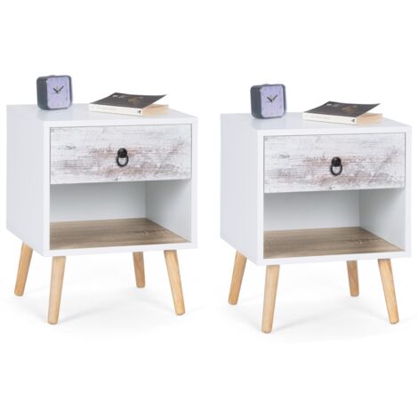 Idmarket – Lot de 2 tables de chevet scandinaves 1 tiroir – Dimensions 40x40x50 cm – Panneaux de particules et pieds en bois – Niche de rangement