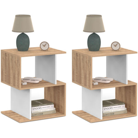 Idmarket – Lot de 2 tables de chevet SOFIA forme S – Rangements ouverts effet hêtre et blanc – Dimensions 40x30x50 cm – Panneau de particules