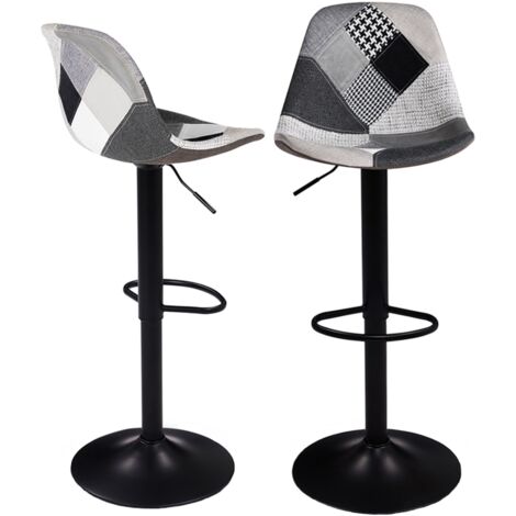 Idmarket – Lot de 2 tabourets de bar patchworks noirs, gris et blancs – Hauteur d'assise réglable 57-79 cm – Pied en métal noir – Confort optimal