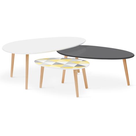 Idmarket – Lot de 3 tables basses gigognes ovales laquées – Bois de pin et surface brillante – Motifs géométriques – Dimensions variées pour rangement