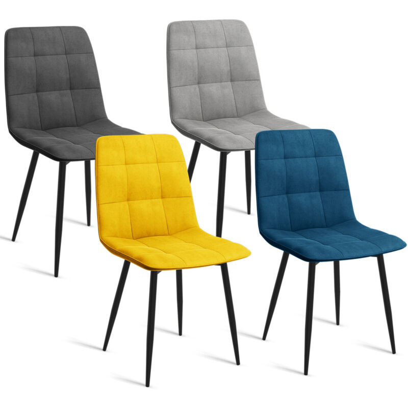 Lot de 4 chaises en velours bleu, jaune, gris clair et gris foncé matelassé