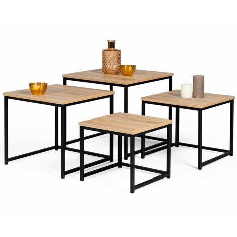 Idmarket – Lot de 4 tables basses gigognes – Dimensions 35/40/45/50 cm – Métal et bois – Design industriel pour intérieur moderne