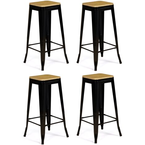 Idmarket – Lot de 4 tabourets de bar empilables métal noir mat – Assise bois brut – Hauteur 77 cm – Pour espaces industriels et modernes