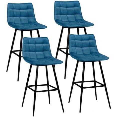 Idmarket – Lot de 4 tabourets de bar en velours bleu – Hauteur 88 cm – Assise moelleuse – Pieds en métal noir mat pour robustesse