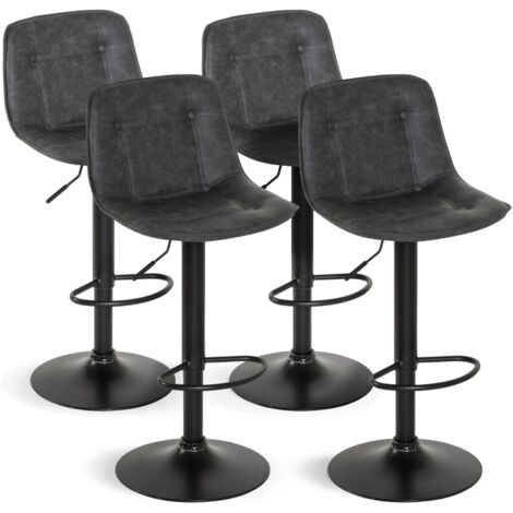 Idmarket – Lot de 4 tabourets de bar gris vintage – Revêtement polyester effet vieilli – Hauteur réglable 83-104 cm – Pied métal noir