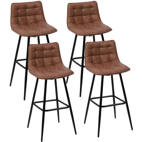 Idmarket – Lot de 4 tabourets de bar marron vintage – Revêtement polyuréthane – Pieds en métal noir mat – Hauteur 88 cm – Pour table haute ou îlot