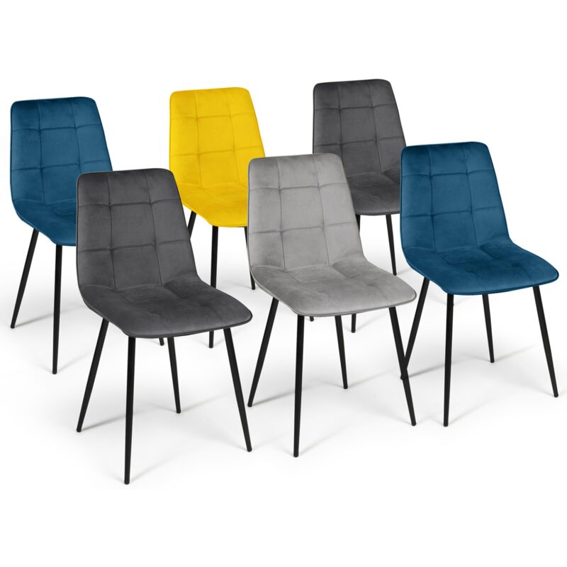 Lot de 6 chaises en velours bleu x2, jaune, gris clair et gris foncé x2 matelassé