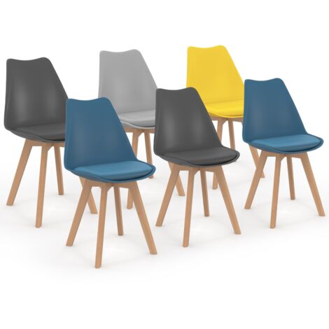 Idmarket – Lot de 6 chaises scandinaves – Dossier en polypropylène – Pieds en bois d'hévéa – Assise confortable – Couleurs bleu, gris clair, gris foncé, jaune