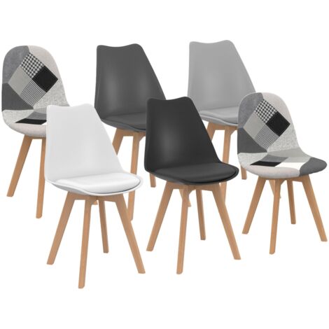 Idmarket – Lot de 6 chaises scandinaves patchwork – Dossier ergonomique – Assise rembourrée – Pieds en bois d'hévéa – Couleurs gris, noir, blanc