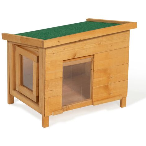 Idmarket – Maison en bois pour chat avec porte à lamelles – Dimensions 57x42x45cm – Toit en asphalte vert – Surélevée pour protection contre l'humidité