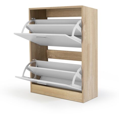 Idmarket – Meuble à chaussures 12 paires – Imitation hêtre – 2 portes blanches – Dimensions 63,5x24x80,5cm – Rangement optimisé pour pointures jusqu'au 41