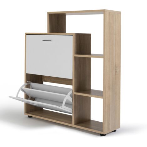 Idmarket – Meuble à chaussures 12 paires – Imitation hêtre – 2 portes blanches – Étagère intégrée – Dimensions 90x24x100 cm