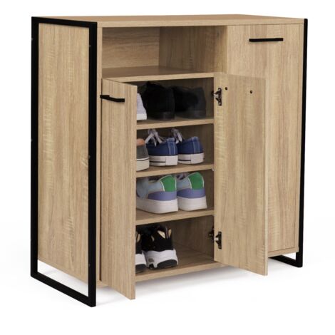 Idmarket – Meuble à chaussures 18 paires – 3 portes – Dimensions 73,2x35x75 cm – Métal noir et bois imitation hêtre – Design industriel compact