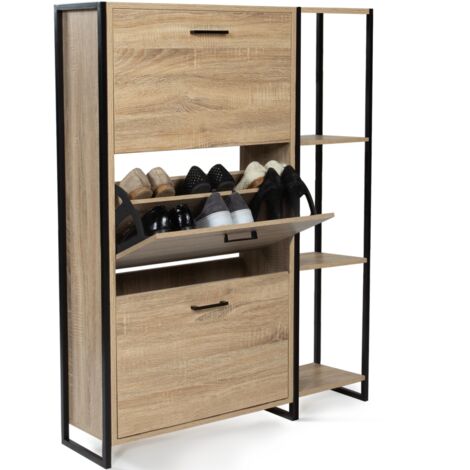 Idmarket – Meuble à chaussures 18 paires – 3 portes en métal noir – Dimensions 92x24x117 cm – Design industriel moderne avec étagère