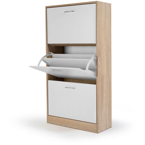 Idmarket – Meuble à chaussures 18 paires – Imitation hêtre – 3 portes blanches – Dimensions 60x24x113 cm – Rangement sécurisé au mur