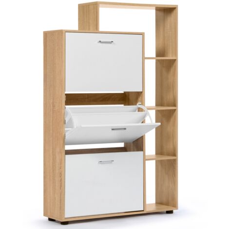 Idmarket – Meuble à chaussures 18 paires – Imitation hêtre – 3 portes blanches – Étagère supérieure pour rangement – Dimensions 90,5x24x135,5cm
