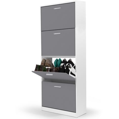 Idmarket – Meuble à chaussures 24 paires – 4 portes gris clair – Dimensions 60x24x150 cm – Panneaux de particules – Design épuré moderne