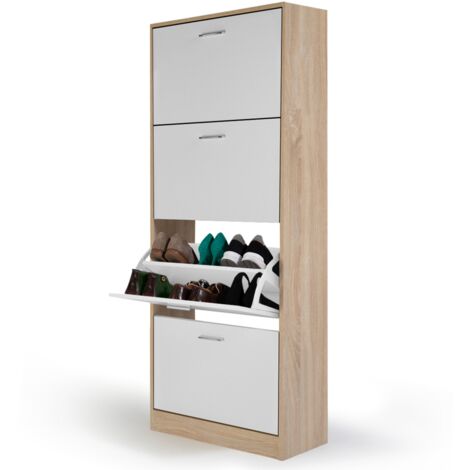 Idmarket – Meuble à chaussures 24 paires – Imitation hêtre – 4 portes blanches – Dimensions 60x24x150 cm – Rangement modulable