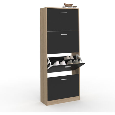 Idmarket – Meuble à chaussures 24 paires – Imitation hêtre – 4 portes noires – Dimensions 60x24x150 cm – Rangement modulable pour chaussures jusqu'à 41