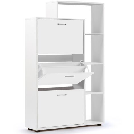 Idmarket – Meuble à chaussures 18 paires – 3 portes avec étagère – Dimensions 90,5x24x135,5 cm – Panneaux de particules – Design épuré blanc